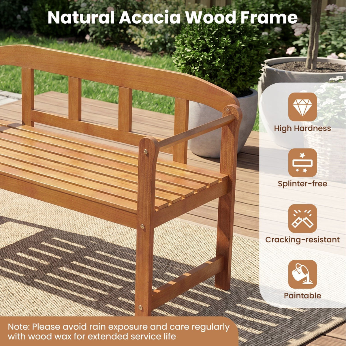 2-Seater Acacia Wood Garden Bench with Backrest & Armrests - Che Cose Belle