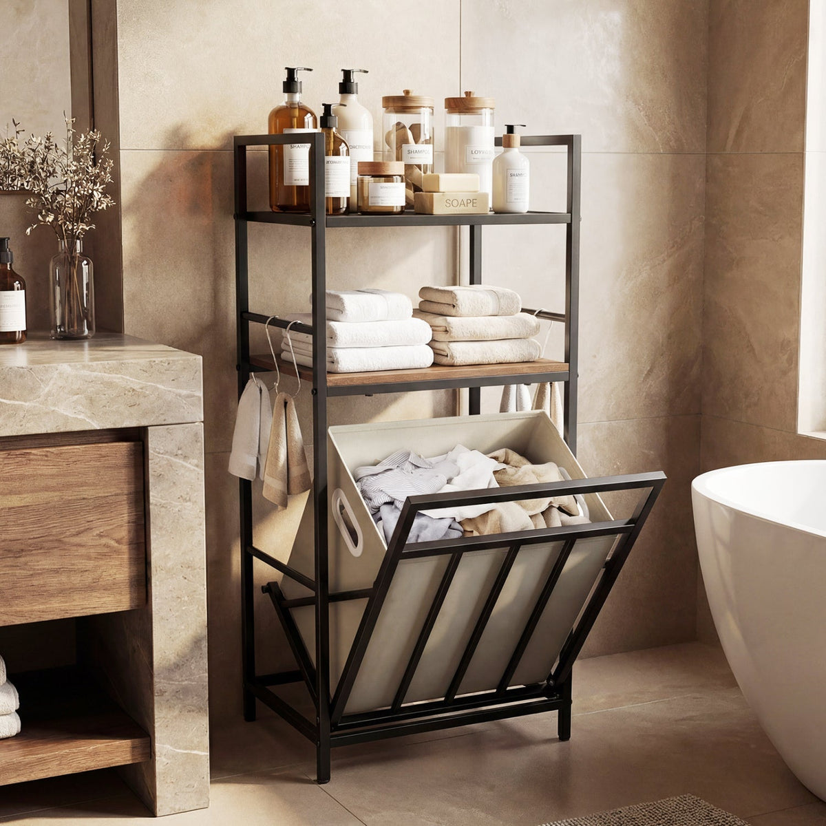 2-Tier Laundry Hamper with Tilt-out Basket-Black - Che Cose Belle
