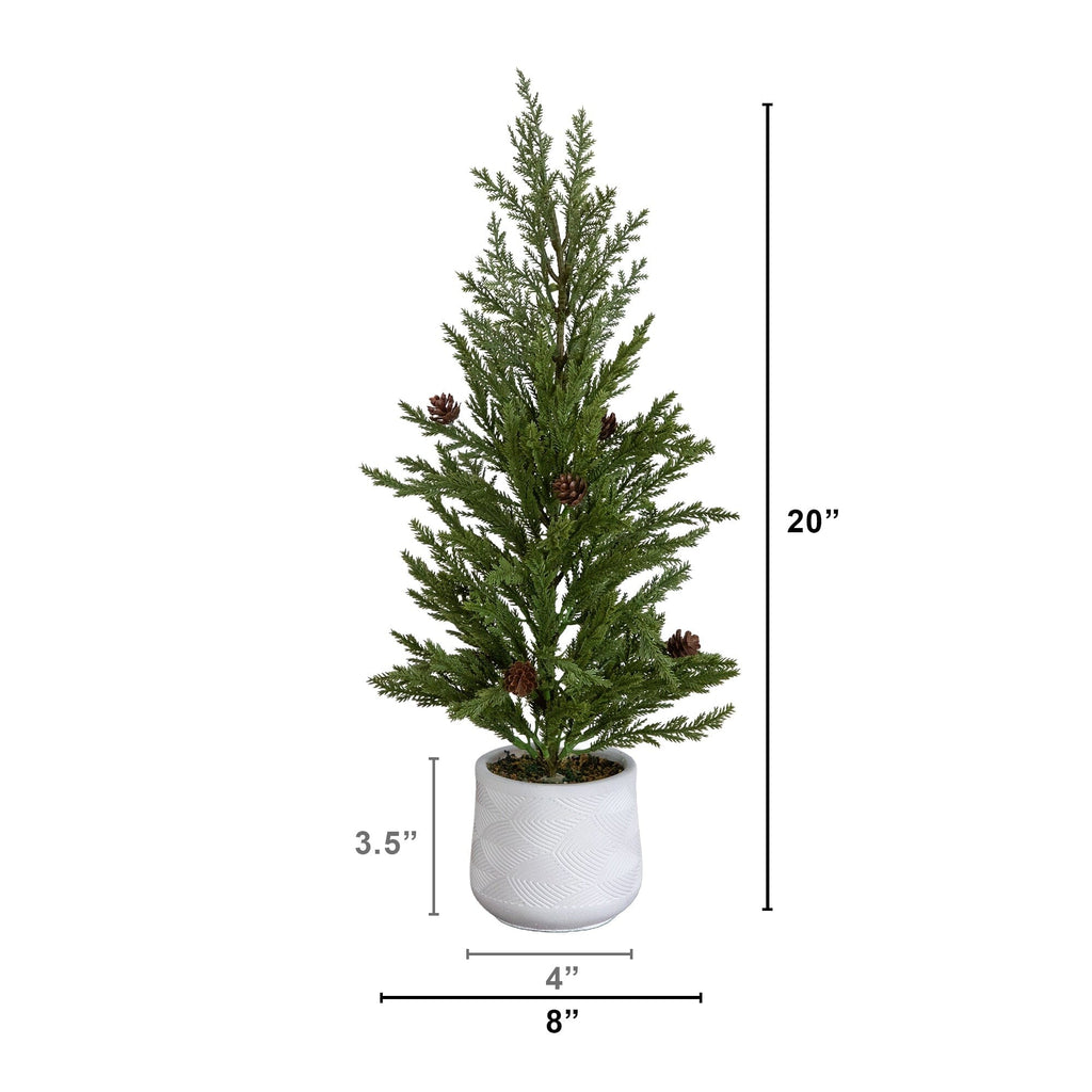 20” Artificial Christmas Cedar Pine Tree with Pinecones in White Ceramic Planter - Che Cose Belle