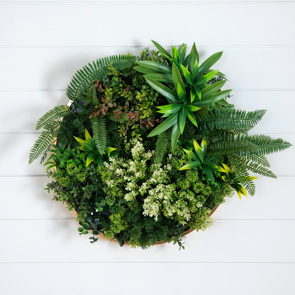 20” UV Resistant Artificial Queensland Rainforest Living Wall Art Panel in Gold Aluminum Frame - Che Cose Belle
