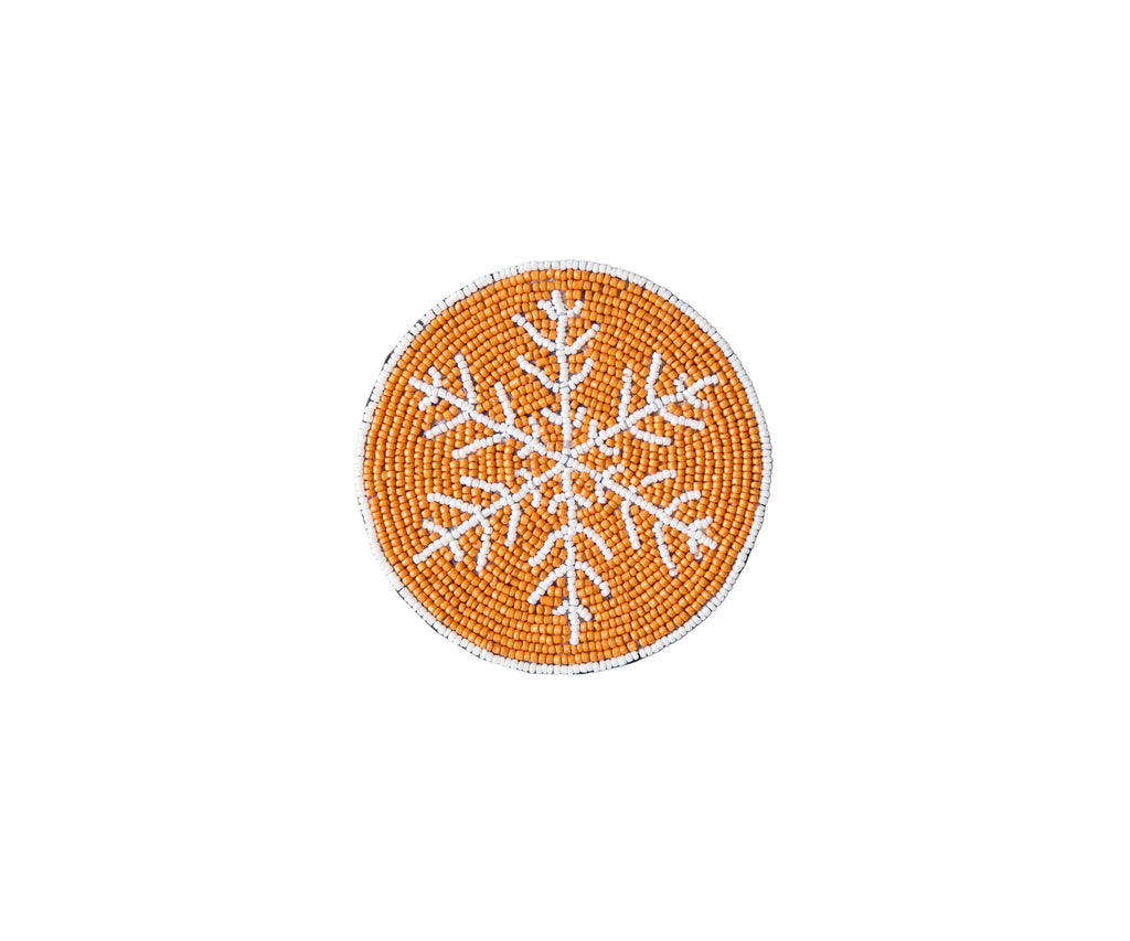 Handmade Beaded Christmas Snowflakes Coasters, White and Yellow Beads, Payton James Holiday Table Decor, Elegant Centerpiece Gift Idea