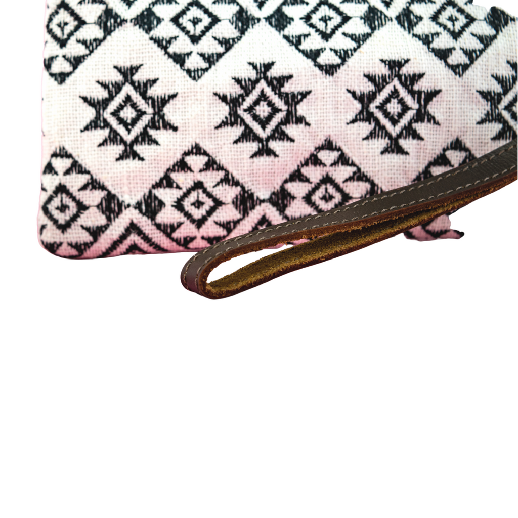 Geometric Embroidered Wristlet Bag with Leather Strap – Thailand