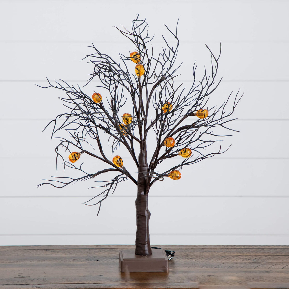 22" Pre-Lit Artificial Halloween Brown Twig Tree with 12 Orange LED Pumpkin Shaped Lights - Che Cose Belle