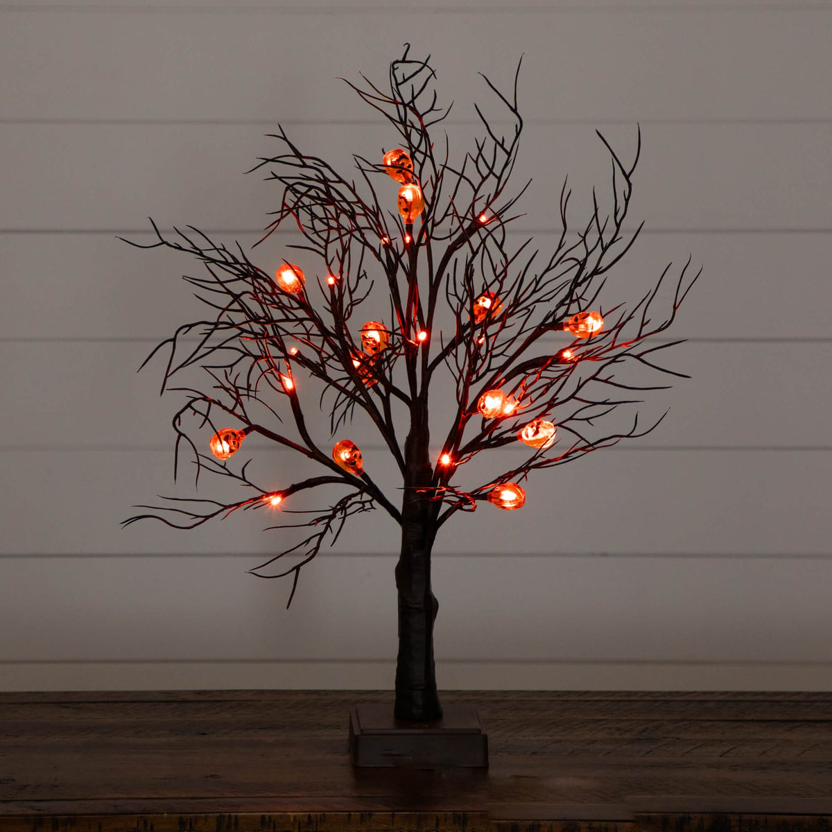 22" Pre-Lit Artificial Halloween Brown Twig Tree with 12 Orange LED Pumpkin Shaped Lights - Che Cose Belle