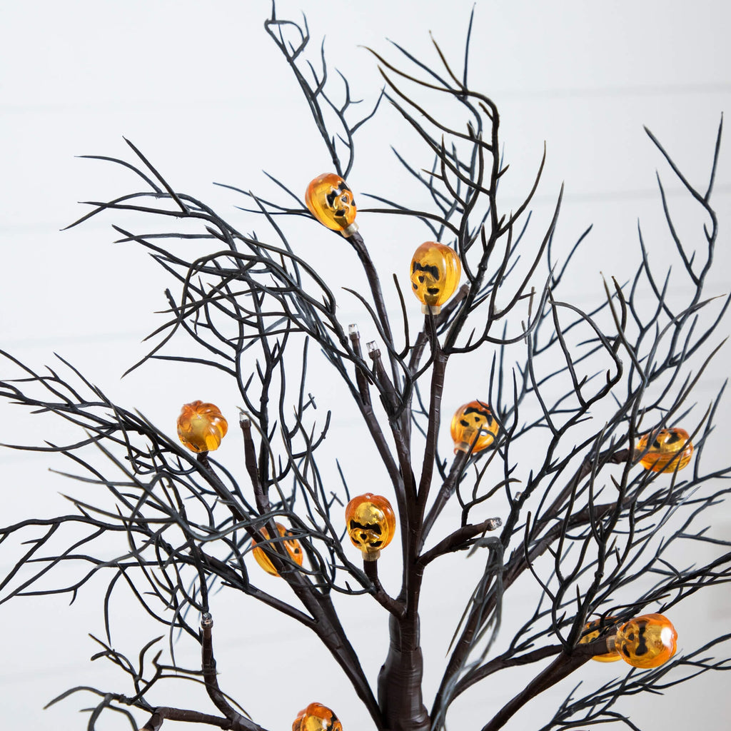 22" Pre-Lit Artificial Halloween Brown Twig Tree with 12 Orange LED Pumpkin Shaped Lights - Che Cose Belle