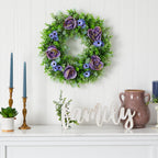 22” Purple Rose, Blue Daisy and Greens Artificial Wreath - Che Cose Belle