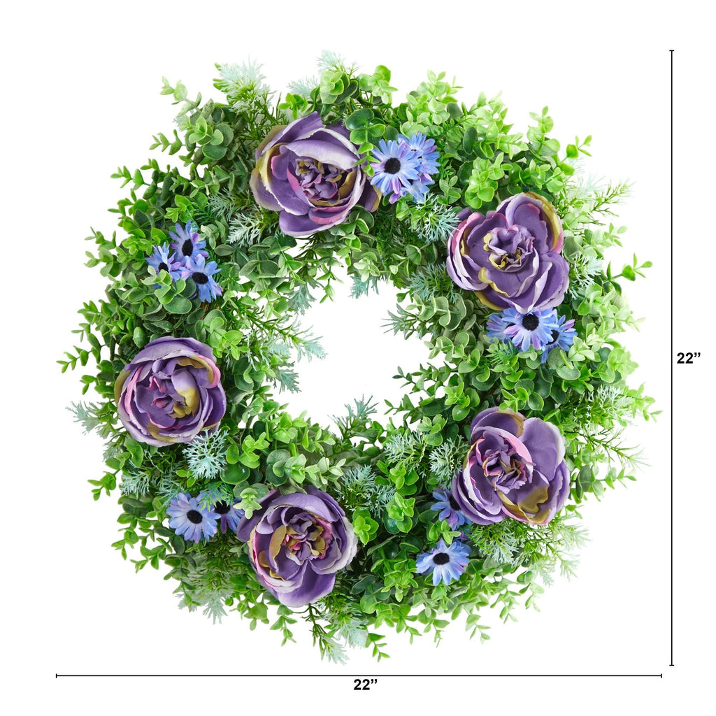 22” Purple Rose, Blue Daisy and Greens Artificial Wreath - Che Cose Belle