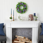 22” Purple Rose, Blue Daisy and Greens Artificial Wreath - Che Cose Belle