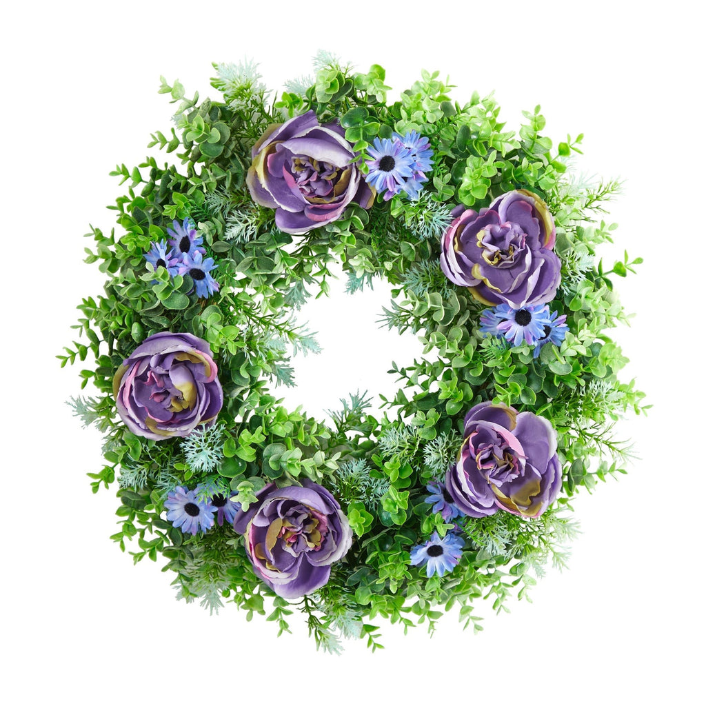 22” Purple Rose, Blue Daisy and Greens Artificial Wreath - Che Cose Belle