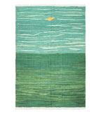 Green Turkish Kilim Rug, 6x9 - 7x10 Rugs, Bird, Handmade New Area Rug, Wool, Bohemian Boho Decor, Hand Woven, Modern Abstract Flat Weave Rug