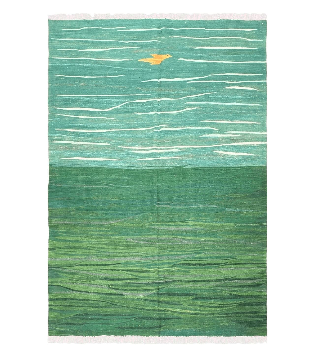 Green Turkish Kilim Rug, 6x9 - 7x10 Rugs, Bird, Handmade New Area Rug, Wool, Bohemian Boho Decor, Hand Woven, Modern Abstract Flat Weave Rug