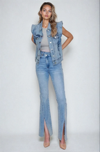 Victorian Charm Ruffle-Trim Denim Vest Jacket – Sleeveless Statement Layer- Light Denim