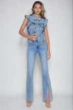 Victorian Charm Ruffle-Trim Denim Vest Jacket – Sleeveless Statement Layer- Light Denim