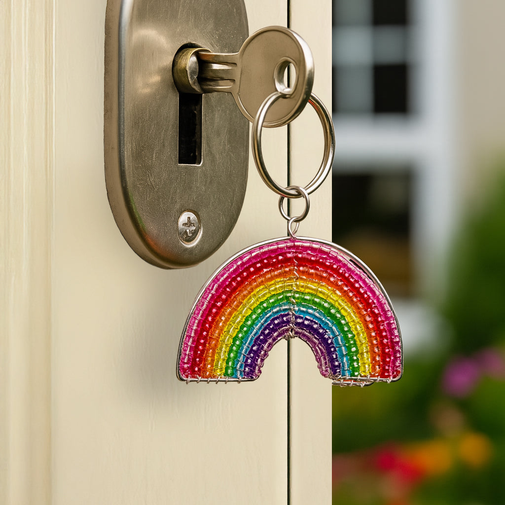 Handmade Beaded Rainbow Keyring – Haitian Artisan Keychain. (Set of 6)