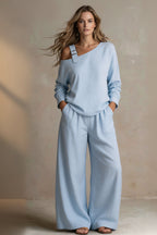 Women's One-Shoulder Buckle-Strap Long-Sleeve Linen Blend Top & Wide-Leg Palazzo Trouser Set