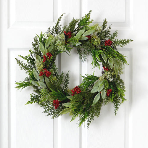 24” Cedar, Eucalyptus and Berries Artificial Christmas Wreath - Che Cose Belle