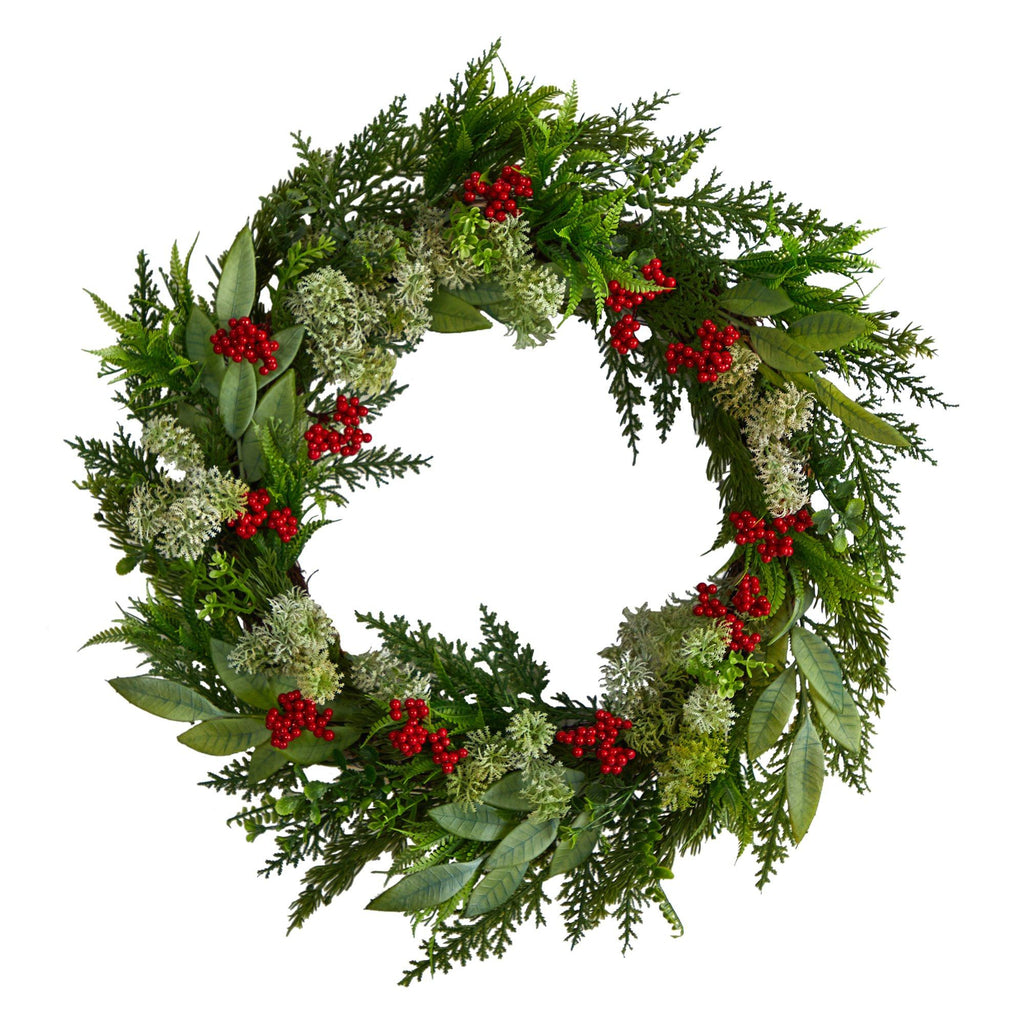 24” Cedar, Eucalyptus and Berries Artificial Christmas Wreath - Che Cose Belle