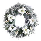 24” Flocked Poinsettia and Pine Artificial Christmas Wreath with 50 Warm White LED Lights - Che Cose Belle
