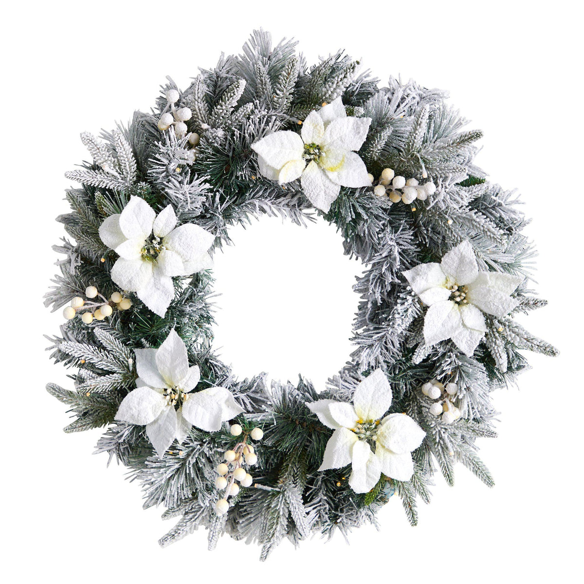 24” Flocked Poinsettia and Pine Artificial Christmas Wreath with 50 Warm White LED Lights - Che Cose Belle