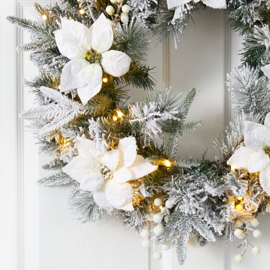 24” Flocked Poinsettia and Pine Artificial Christmas Wreath with 50 Warm White LED Lights - Che Cose Belle