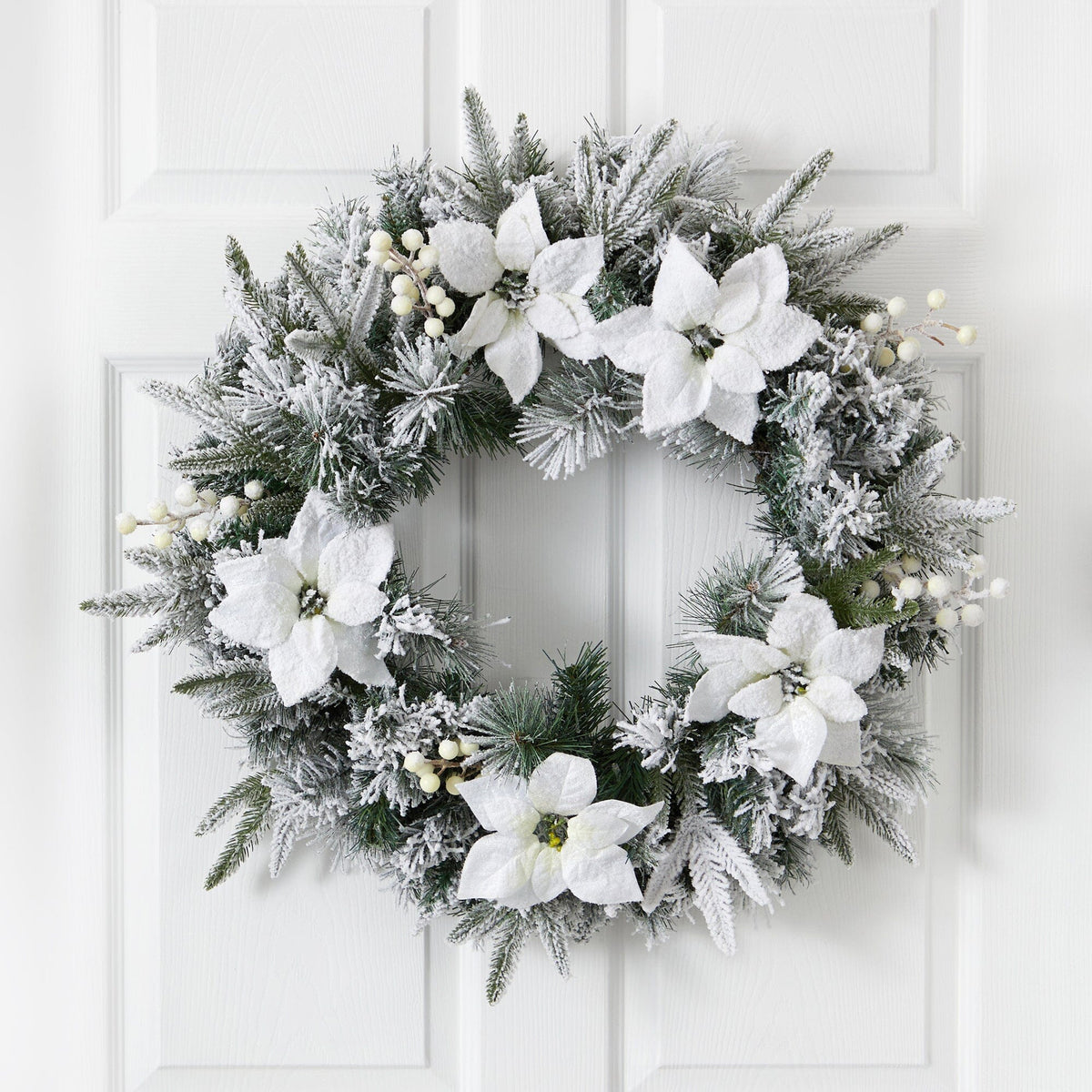 24” Flocked Poinsettia and Pine Artificial Christmas Wreath with 50 Warm White LED Lights - Che Cose Belle