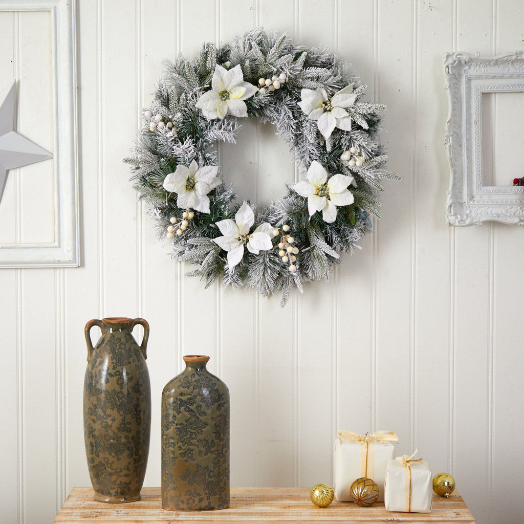 24” Flocked Poinsettia and Pine Artificial Christmas Wreath with 50 Warm White LED Lights - Che Cose Belle