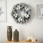 24” Flocked Poinsettia and Pine Artificial Christmas Wreath with 50 Warm White LED Lights - Che Cose Belle