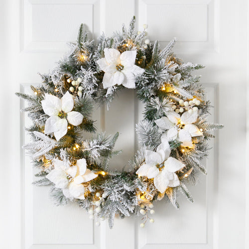 24” Flocked Poinsettia and Pine Artificial Christmas Wreath with 50 Warm White LED Lights - Che Cose Belle