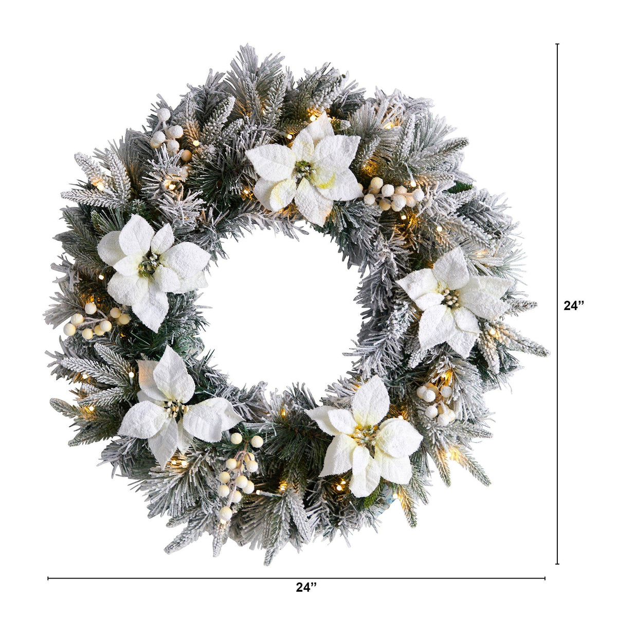 24” Flocked Poinsettia and Pine Artificial Christmas Wreath with 50 Warm White LED Lights - Che Cose Belle