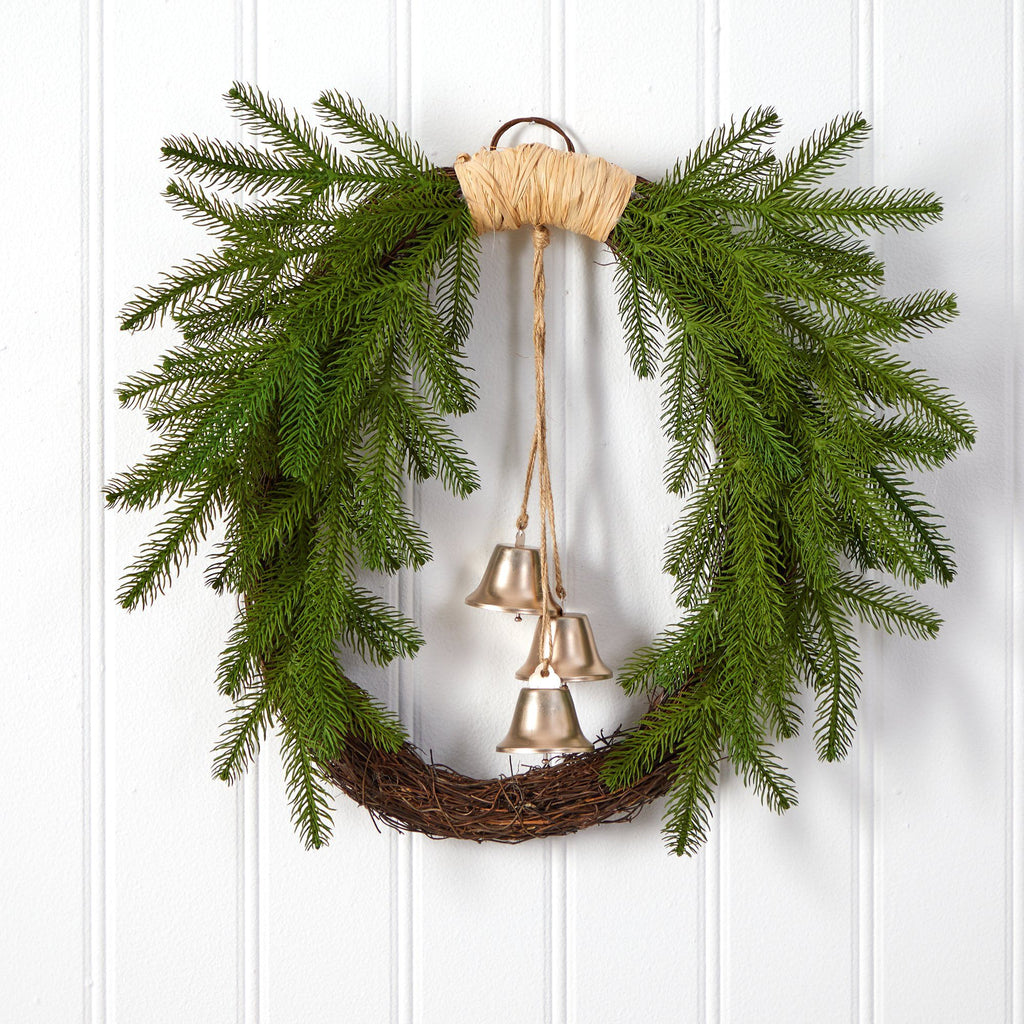 24” Holiday Christmas Pine and Bells Wreath - Che Cose Belle