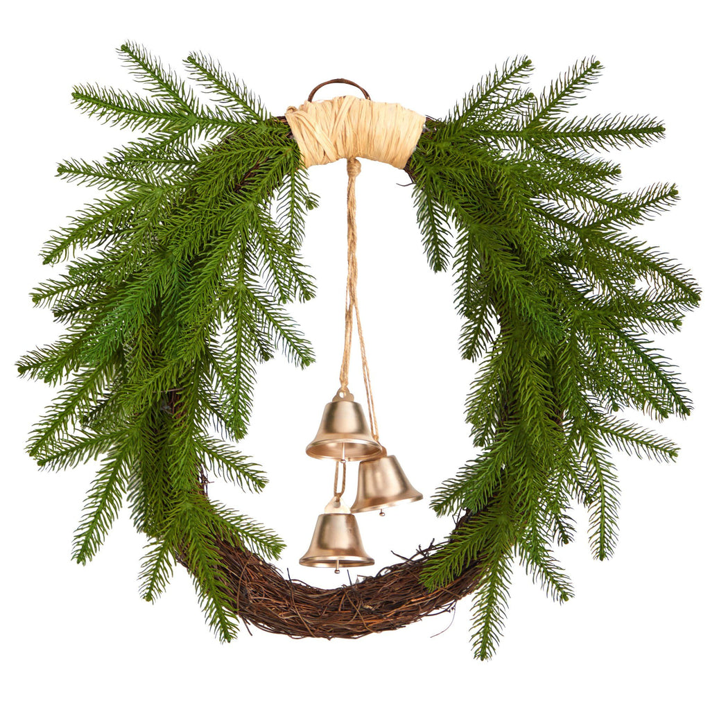 24” Holiday Christmas Pine and Bells Wreath - Che Cose Belle