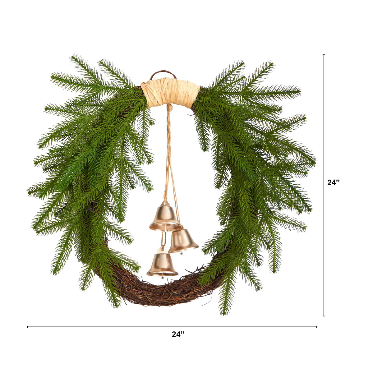 24” Holiday Christmas Pine and Bells Wreath - Che Cose Belle