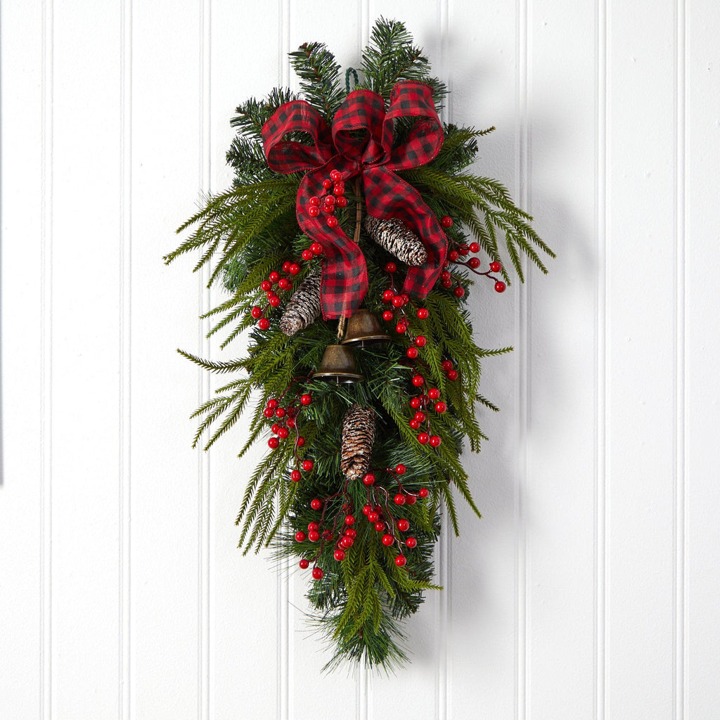 24” Holiday Christmas Pine Cones, Berry and Bells Teardrop - Che Cose Belle