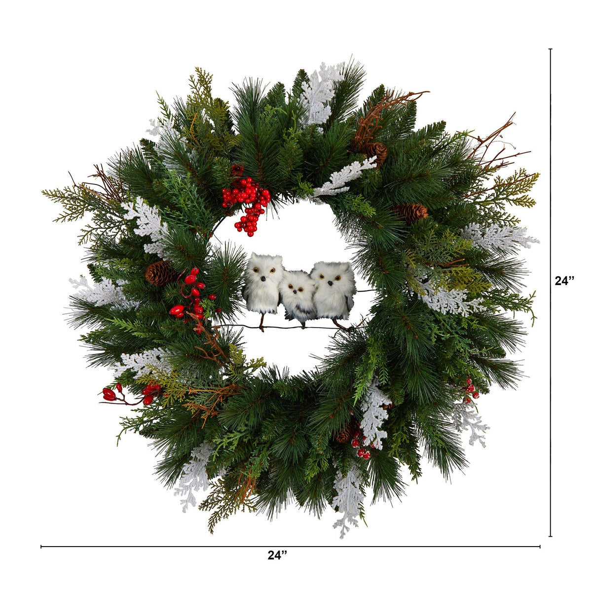 24” Holiday Winter Owl Family Pinecone Berry Christmas Artificial Wreath - Che Cose Belle