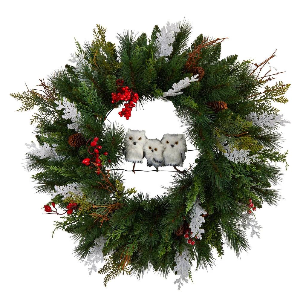 24” Holiday Winter Owl Family Pinecone Berry Christmas Artificial Wreath - Che Cose Belle
