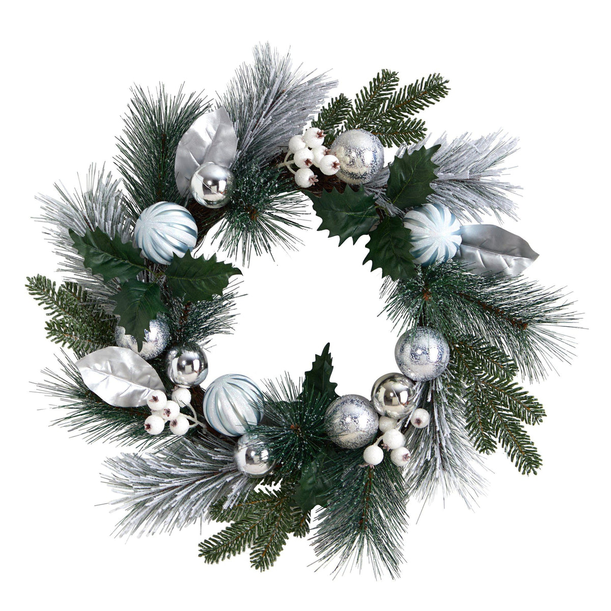 24” Pinecones and Berries Christmas Artificial Wreath with Silver Ornaments - Che Cose Belle