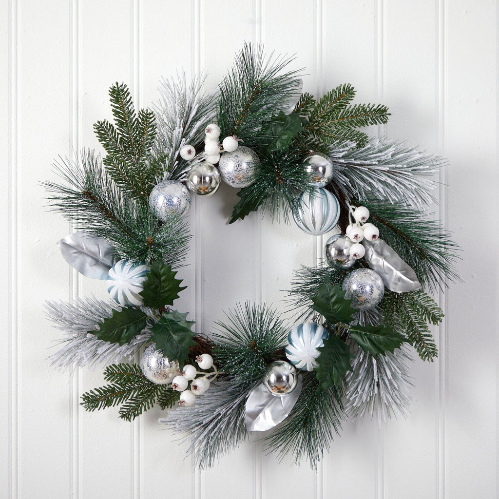 24” Pinecones and Berries Christmas Artificial Wreath with Silver Ornaments - Che Cose Belle