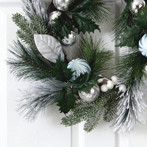 24” Pinecones and Berries Christmas Artificial Wreath with Silver Ornaments - Che Cose Belle