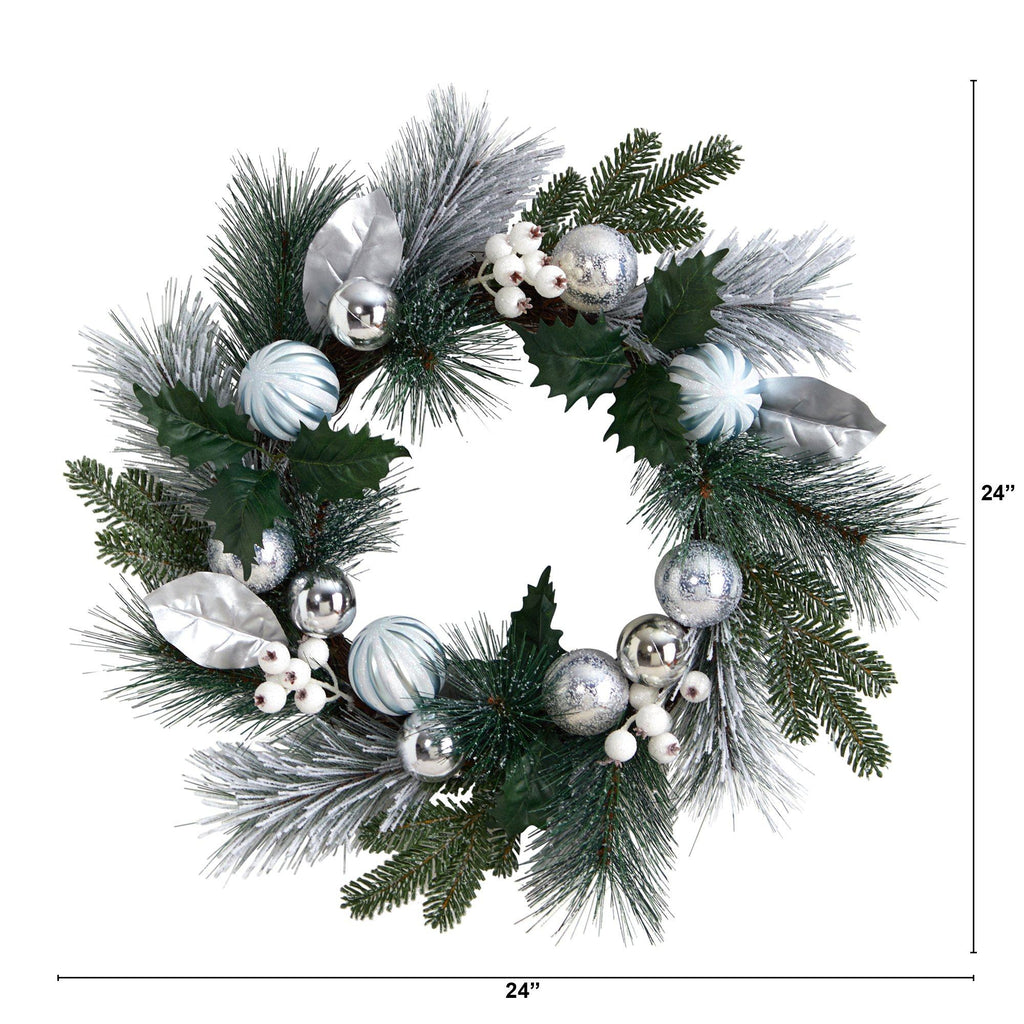 24” Pinecones and Berries Christmas Artificial Wreath with Silver Ornaments - Che Cose Belle