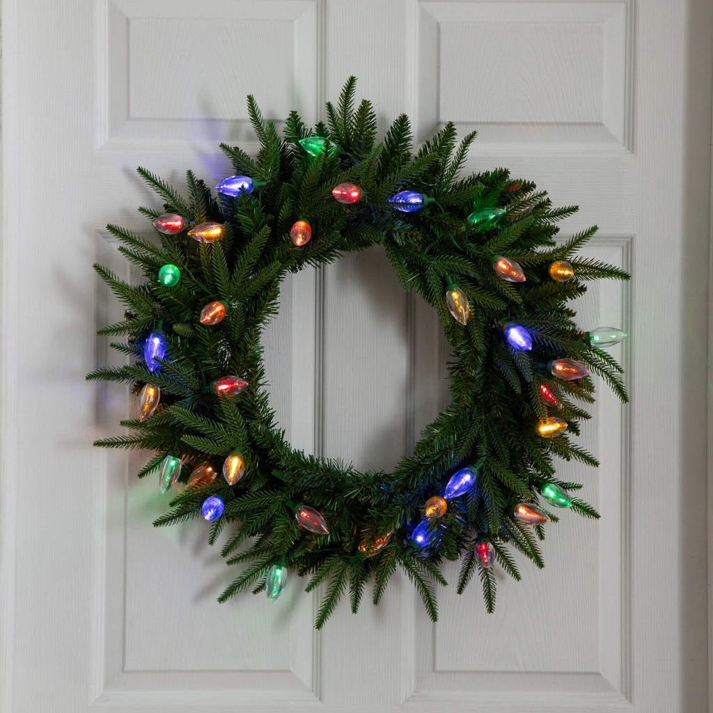 24" Pre-Lit Artificial Luxembourg Pine Christmas Wreath with 35 Multicolored Traditional Bulb LED Lights - Che Cose Belle