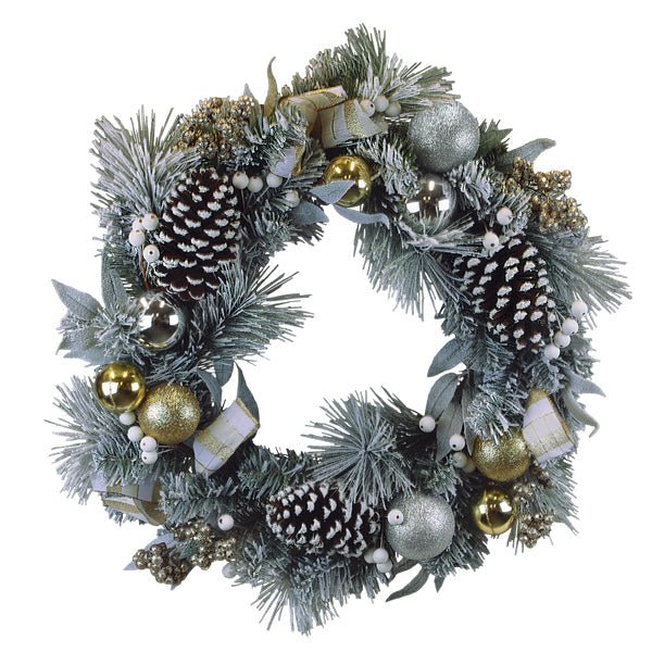 24" Silver & Gold Frosted Fir Wreath - Che Cose Belle