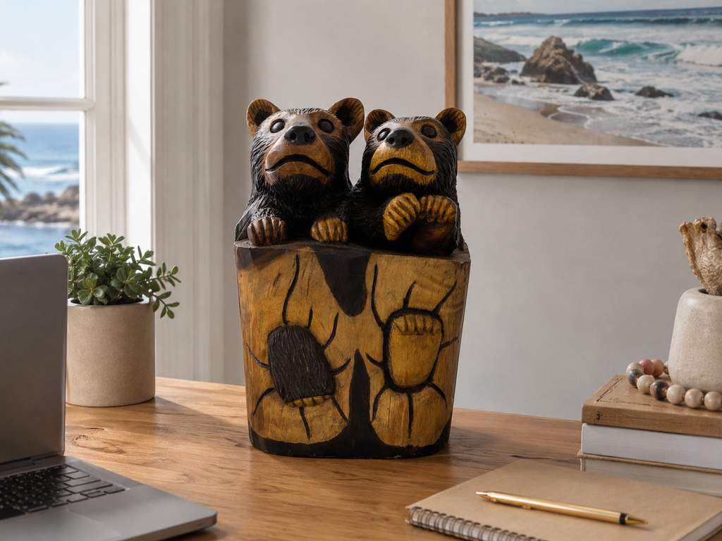 Hand Carved Suar Wood Bear Cub Sculpture | Balinese Wood Carving