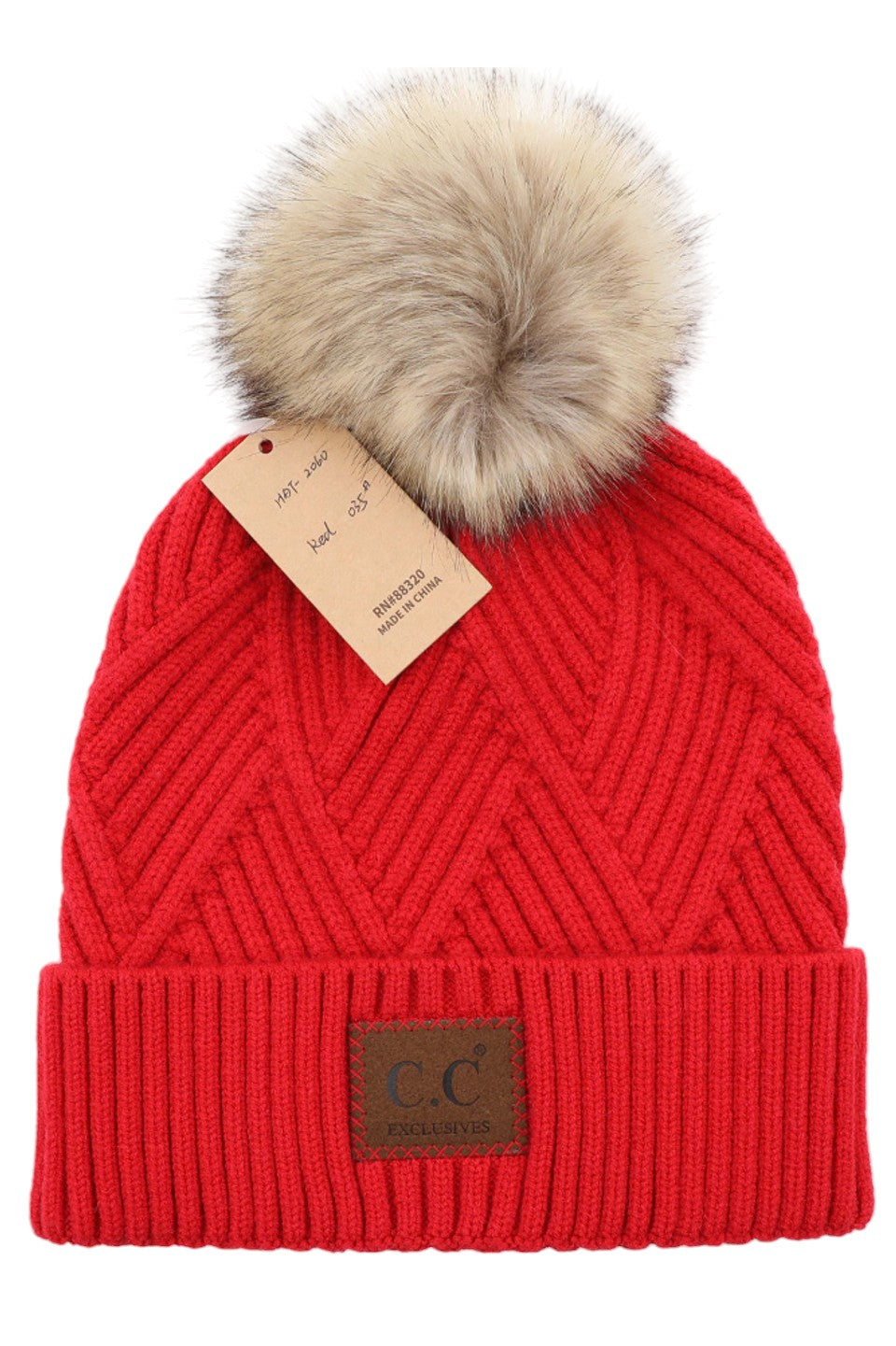 C.C Women's Heather Beanie Hat With Pom And Suede Patch