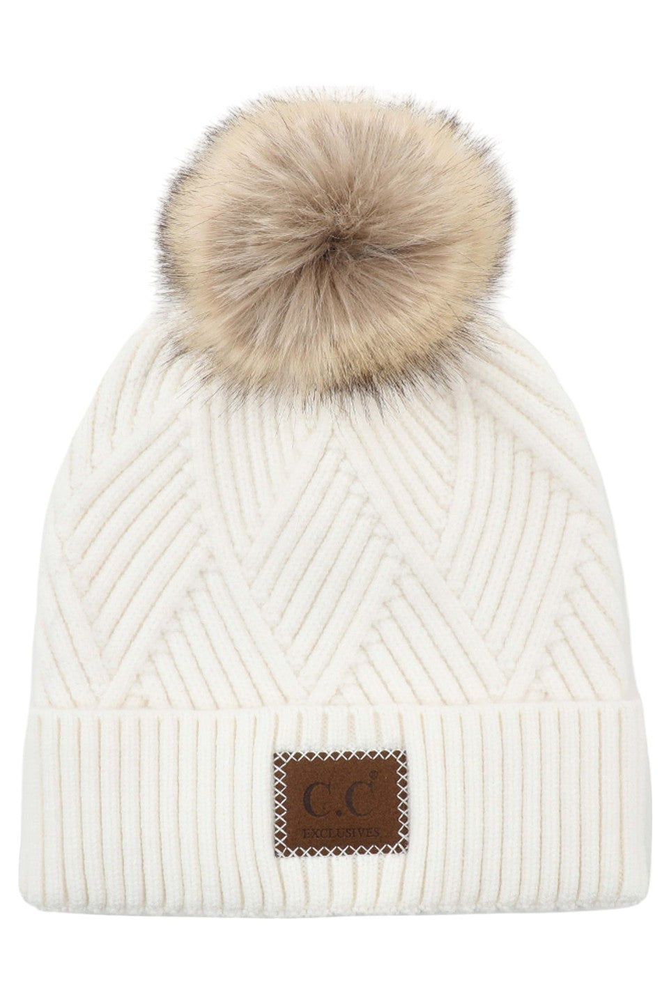 C.C Women's Heather Beanie Hat With Pom And Suede Patch