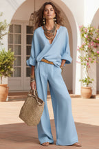 Women's Linen-Style Two-Piece Set – V-Neck Top & Wide-Leg Pants
