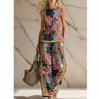 Printed Retro Sleeveless Top & Wide-Leg Pants Set | 12 Prints S–5XL