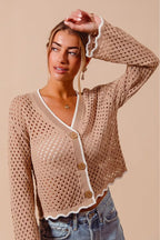SO ME Open Knit Light Weight Sweater Cardigan With Contrast Wavy Scallop Edge