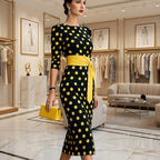 Women's Retro Polka-Dot Bodycon Midi Dress | Belted Waist Slim Fit