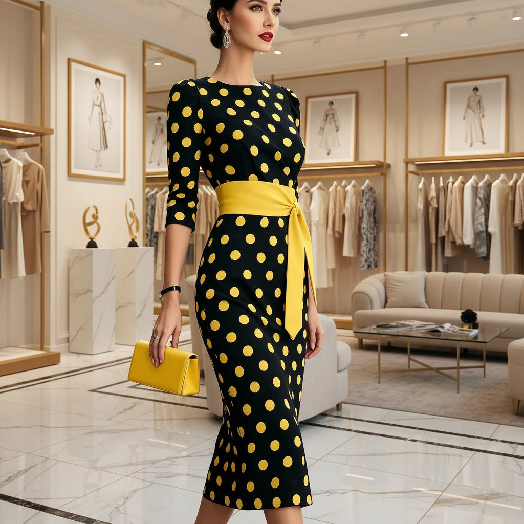 Women's Retro Polka-Dot Bodycon Midi Dress | Belted Waist Slim Fit