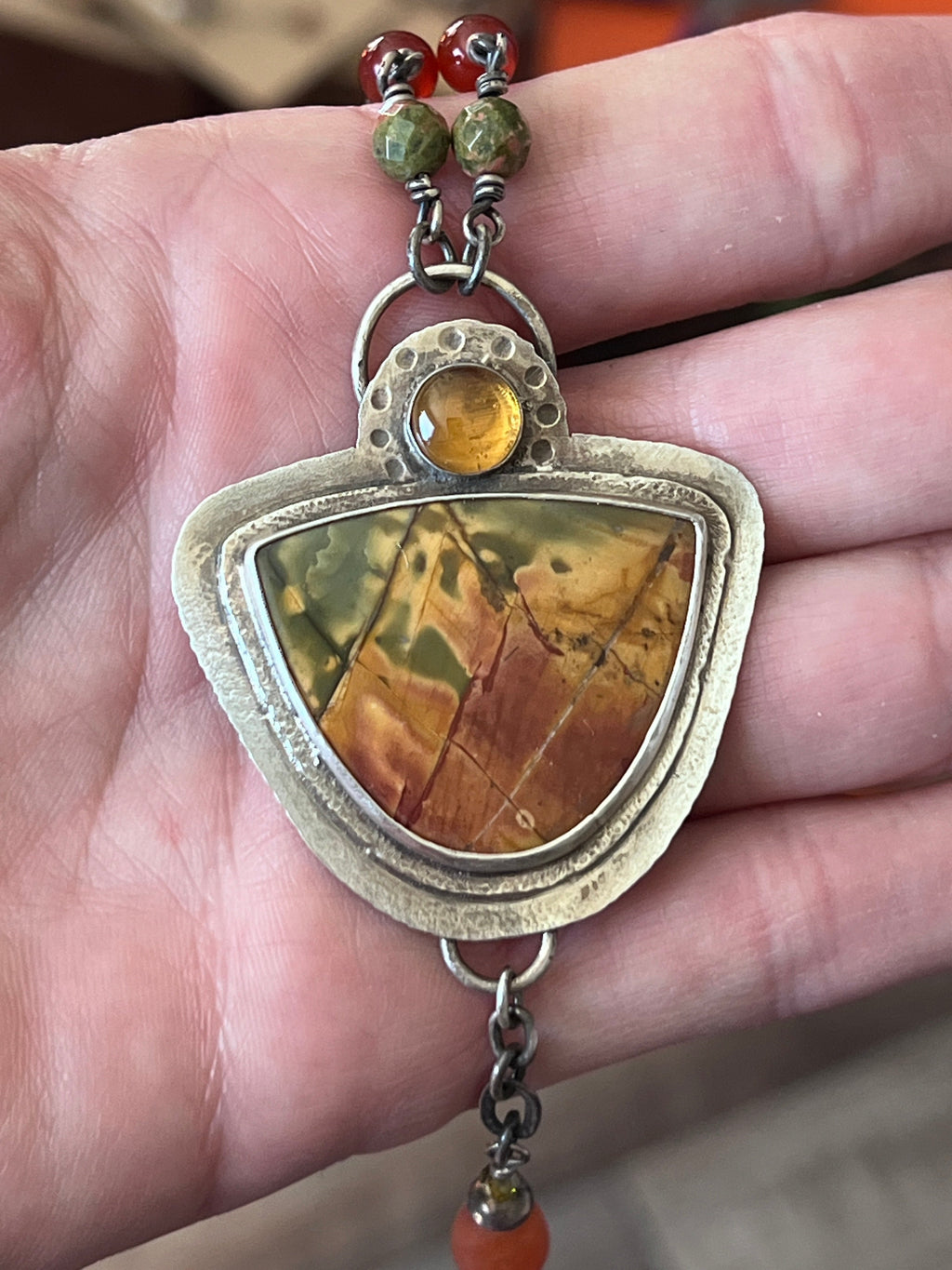 Tularosa Rosary Style Sterling Silver, Red Creek Jasper and Citrine Sunset Necklace